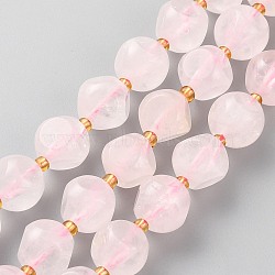 Natural Madagascar Rose Quartz Beads Strands, with Seed Beads, Six Sided Celestial Dice, Faceted, 10~10.5x10~10.5mm, Hole: 1mm, about 34pcs/strand, 15.75 inch(40cm)(G-A030-B35-10mm-B)