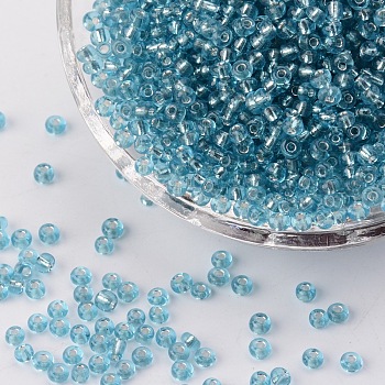 (Repacking Service Available) 8/0  Glass Seed Beads, Silver Lined Round Hole, Round, Pale Turquoise, 3mm, Hole: 1mm, about 12G/bag