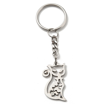 304 Stainless Steel Keychain, Cat, Stainless Steel Color, 8.4cm