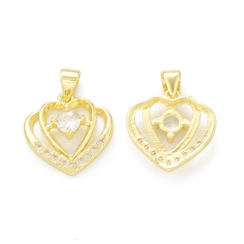 Rack Plating Brass Micro Pave Clear Cubic Zirconia Pendants, Cadmium Free & Lead Free, Long-Lasting Plated, Double Heart Charm, Real 18K Gold Plated, 16.5x16x4mm, Hole: 4x3.5mm