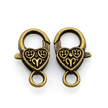 Tibetan Style Heart Lobster Claw Clasps, Cadmium Free & Nickel Free & Lead Free, Antique Bronze, 26.5x14x6mm, Hole: 4mm