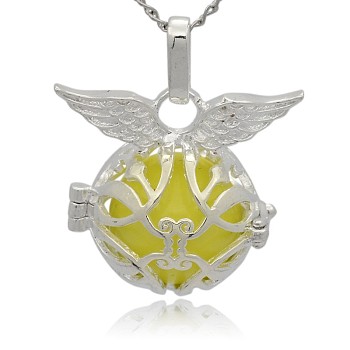 Silver Color Plated Brass Cage Pendants, Hollow Round with Wing, with No Hole Spray Painted Brass Round Ball Beads, Champagne Yellow, 26x29x20mm, Hole: 3x8mm