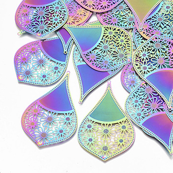 Ion Plating(IP) 304 Stainless Steel Filigree Big Pendants, Etched Metal Embellishments, teardrop, with Flower, Rainbow Color, 54.5x34x0.3mm, Hole: 1.8mm
