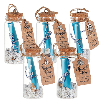 5Pcs Beach Message Bottles, Ocean Theme Glass Wishing Bottles, with Writable Paper Mini Scroll & Shell, Thank You for Celebrating with Us Party Favor, Clear, 95mm