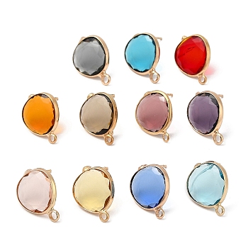 Brass Stud Earring Findings, with Glass and 304 Stainless Steel Pins & Horizontal Loops, Light Glod, Flat Round, Mixed Color, 17~18x13x3mm, Hole: 1.8mm, Pin: 0.8mm