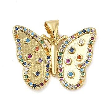 Rack Plating Brass Cubic Zirconia Pendants, Cadmium Free & Lead Free, Butterfly, Real 18K Gold Plated, 17.5x23x3mm, Hole: 4.5x3.5mm
