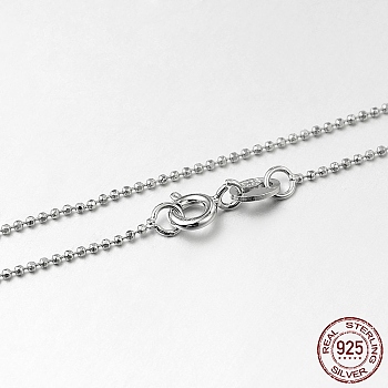 Trendy Rhodium Plated 925 Sterling Silver Ball Chain Necklaces, with Spring Ring Clasps, Thin Chain, Platinum, 16 inch, 1mm