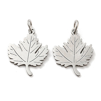 304 Stainless Steel Pendants, with Jump Ring, Laser Cut, Maple Leaf Charm, Stainless Steel Color, 18.5x15x1mm