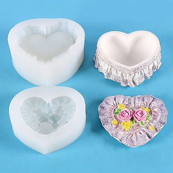 Heart with Rose DIY Storage Box Silicone Molds, Resin Casting Molds, for UV Resin, Epoxy Resin Craft Making, WhiteSmoke, 8.8~10x9.6~10.8x2.7~4.1cm, 2pcs/set