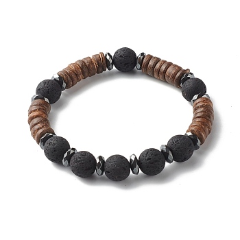 Natural Coconut Rondelle Beads Stretch Bracelet for Men Women, Oil Diffuser Lava Rock Beads & Non-Magnetic Synthetic Hematite Bracelet, Black, Inner Diameter: 2-3/8 inch(5.9cm)