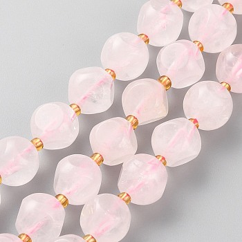Natural Madagascar Rose Quartz Beads Strands, with Seed Beads, Six Sided Celestial Dice, Faceted, 10~10.5x10~10.5mm, Hole: 1mm, about 34pcs/strand, 15.75 inch(40cm)