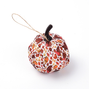 Cloth Pendant Decorations, with Hemp Rope & Foam Filled, Autumn Theme, Pumpkin with Pattern, Indian Red, 110mm