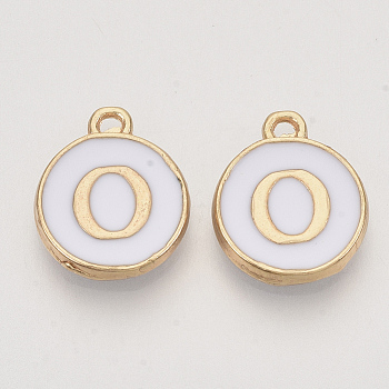 Golden Plated Alloy Charms, Cadmium Free & Lead Free, with Enamel, Enamelled Sequins, Flat Round with Letter, White, Letter.O, 14x12x2mm, Hole: 1.5mm