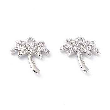 Rack Plating Brass Micro Pave Cubic Zirconia Charms, Long-Lasting Plated, Coconut Tree, Platinum, 11.5x11.5x2mm, Hole: 1.2mm