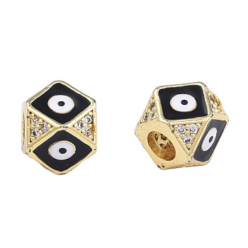 Brass Micro Pave Clear Cubic Zirconia Beads, with Enamel, Real 18K Gold Plated, Octagon with Evil Eye, Nickel Free, Black, 11x11x8.5mm, Hole: 4mm