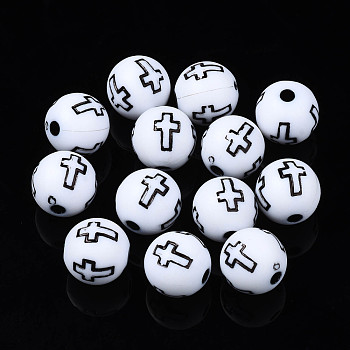 Opaque Acrylic Beads, Round with Cross, White, 10x9.5mm, Hole: 2mm, about 988pcs/500g