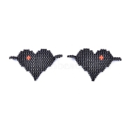 Handmade Seed Beads Links Connectors, with Elastic Thread, Loom Pattern, Heart, Black, 26~27x44x1.5~3.5mm, Hole: 3mm(SEED-I012-26)