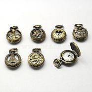 Vintage Hollow Zinc Alloy Quartz Watch Heads, for Pocket Watch Pendant Necklace Making, Flat Round, Mixed Style, Antique Bronze, 36x27x12mm, Hole: 10x1mm(WACH-R008-M)