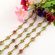 Handmade Nickel Free Raw(Unplated) Brass Beaded Chains, Unwelded, with Spool with Transparent Flower Glass Beads, Colorful, 6.5mm, about 32.8 Feet(10m)/roll(CHC-R118-09)