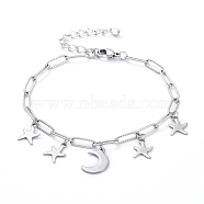 304 Stainless Steel Charm Bracelets, with Paperclip Chains, Lobster Claw Clasps and Brass Rhinestone Pendants, Moon & Star, Stainless Steel Color, 8 inch(20.3cm)(BJEW-JB05130)