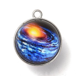 Galaxy Theme Luminous Glass Ball Pendants, Glow in the Dark, with Platinum Tone Alloy Edge, Royal Blue, 25x21.5x20~21mm, Hole: 2mm(GLAA-D021-01P-05)
