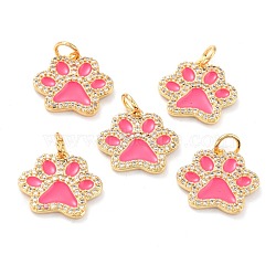 Real 18K Gold Plated Brass Micro Pave Cubic Zirconia Charms, with Jump Ring and Enamel, Long-Lasting Plated, Dog Paw Prints, Hot Pink, 13.5x15x2mm, Jump Ring: 5x1mm, 3mm Inner Diameter(ZIRC-L100-085G-07)