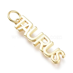 Brass Pendants, with Jump Rings, Long-Lasting Plated, Constellation/Zodiac Sign, Word, Taurus, 27x6.5x2mm, Hole: 4.5mm(X-ZIRC-I048-15G-08)