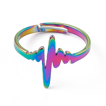 Ion Plating(IP) 201 Stainless Steel Heart Beat Adjustable Ring for Women, Rainbow Color, US Size 6 1/4(16.7mm)