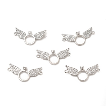 Brass Micro Pave Clear Cubic Zirconia Connector Charms, Ring Lins with Wing, Platinum, 30x14.5x3.5mm, Hole: 1.4mm