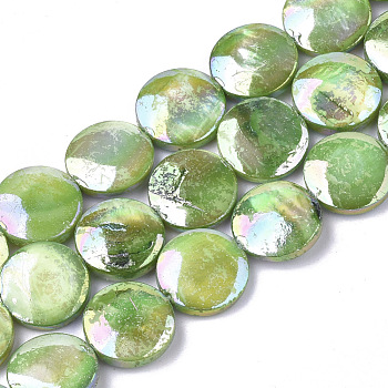 Freshwater Shell Beads Strands, AB Color Plated, Dyed, Flat Round, Lime Green, 10~11.5x3~4mm, Hole: 1mm, 34pcs/strand, 15.15 inch