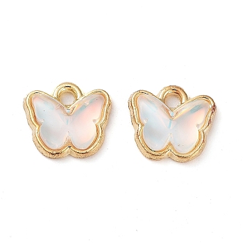 Rack Plating Alloy Glass Charms, Butterfly, Golden, Mint Cream, 9x9.5x3.5mm, Hole: 1mm