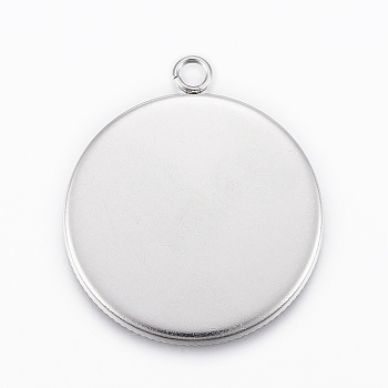 304 Stainless Steel Pendant Cabochon Settings, Flat Round, Stainless Steel Color, Tray: 30mm, 36x31x2mm, Hole: 3mm