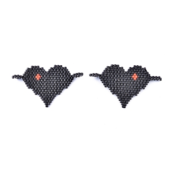 Handmade Seed Beads Links Connectors, with Elastic Thread, Loom Pattern, Heart, Black, 26~27x44x1.5~3.5mm, Hole: 3mm