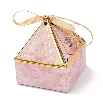 Paper Fold Gift Boxes, Triangular Pyramid with Word Only for You & Ribbon, for Presents Candies Cookies Wrapping, Pink, 7x7x9cm