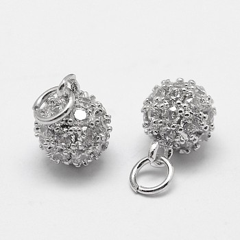 Round Brass Micro Pave Grade AAA Cubic Zirconia Charms, Cadmium Free & Nickel Free & Lead Free, Real Platinum Plated, 6mm, Hole: 3mm
