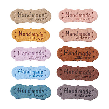 Microfiber Leather Labels, Handmade Embossed Tag, with Holes, for DIY Jeans, Bags, Shoes, Hat Accessories, Rectangle with Word Handmade, Mixed Color, 15x42mm, 60pcs/set