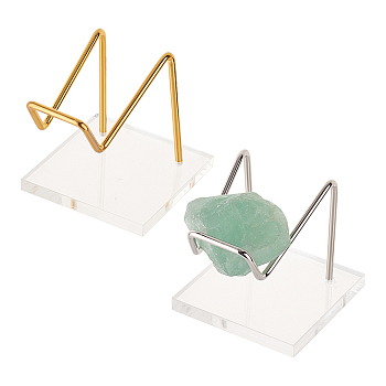 2Pcs 2 Colors Square Transparent Acrylic Mineral Crystal Display Stands, Rough Gemstone Storage Rack with Iron Holder, Platinum & Golden, 6x6x6.2cm, 1pc/color