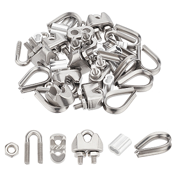 Wire Rope Accessory Set, Including 304 Stainless Steel Cable Clamp, Thimble and Aluminum Crimping Loop, for Wire Rope Cable Thimbles Rigging, Stainless Steel Color, 30Pcs/box