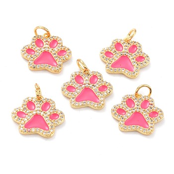 Real 18K Gold Plated Brass Micro Pave Cubic Zirconia Charms, with Jump Ring and Enamel, Long-Lasting Plated, Dog Paw Prints, Hot Pink, 13.5x15x2mm, Jump Ring: 5x1mm, 3mm Inner Diameter