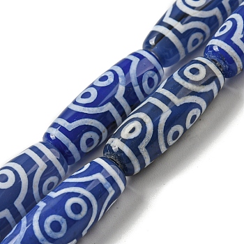 Tibetan Style dZi Beads Strands, Dyed Natural Agate Beads Blue Strands, Drum Shape, Ring, 29~30x10mm, Hole: 1.4mm, about 10pcs/strand, 11.81 inch(30cm)