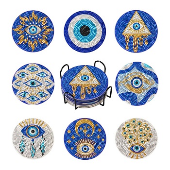 DIY Evil Eye Pattern Coaster Diamond Painting Kits, Including Cork, Coaster Holder, Resin Rhinestones Bag, Diamond Sticky Pen, Tray Plate & Glue Clay, Colorful, 100x2mm