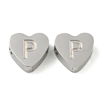 Tarnish Resistant 304 Stainless Steel Beads, Heart with Letter, Stainless Steel Color, Letter P, 7x8x3mm, Hole: 2mm