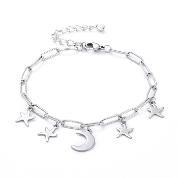 304 Stainless Steel Charm Bracelets, with Paperclip Chains, Lobster Claw Clasps and Brass Rhinestone Pendants, Moon & Star, Stainless Steel Color, 8 inch(20.3cm)