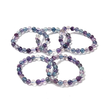Natural Fluorite Beaded Stretch Bracelets, Grade 2A, Faceted Round, Inner Diameter: 2~2-1/8 inch(5.1~5.3cm)