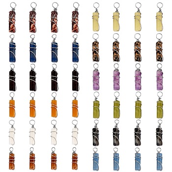 48Pcs 12 Styles Natural Mixed Stone Pendants, with Platinum Plated Eco-Friendly Brass Wire Wrapped, Column, Mixed Dyed and Undyed, 19.5~20x5~5.5mm, Hole: 2.4~2.7mm, 4pcs/style