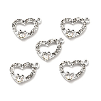 Alloy Rhinestone Pendants, Platinum Tone Hollow Out Heart Charms, Crystal, 14x20x4mm, Hole: 1.8mm