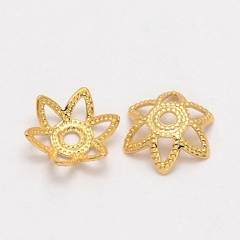 Flower Brass Fancy Bead Caps, Lead Free & Nickel Free & Cadmium Free, Real 18K Gold Plated, 7x2mm, Hole: 1mm