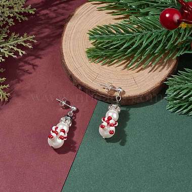 Boucles d'oreilles pendantes bonhomme de neige de Noël tressées en perles de coquillages et en verre(EJEW-TA00089)-3