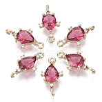 Glass Links connectors, with Brass Micro Pave Cubic Zirconia, Faceted, Teardrop, Light Gold, Medium Violet Red, 18x9.5x4.5mm, Hole: 1.2mm(GLAA-T021-05B-10)