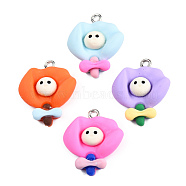 Opaque Resin Pendants, with Platinum Plated Iron Loops, Bouquet Charm with Smiling Face Pattern, Mixed Color, 23.5~24x19.5~20x5.5~6mm, Hole: 2mm(CRES-N022-179)